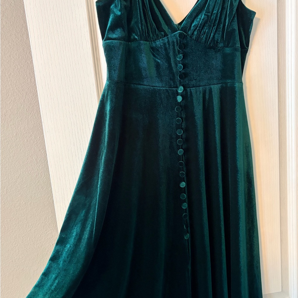 Cider Teal Velvet Midi Slip Dress with Covered Buttons - Picture 2 of 4
